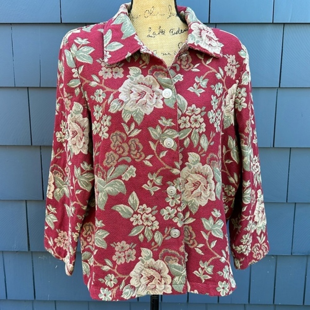 🌈🌈🌈 Vintage Blair tapestry jacket shirt large burgundy floral jacquard